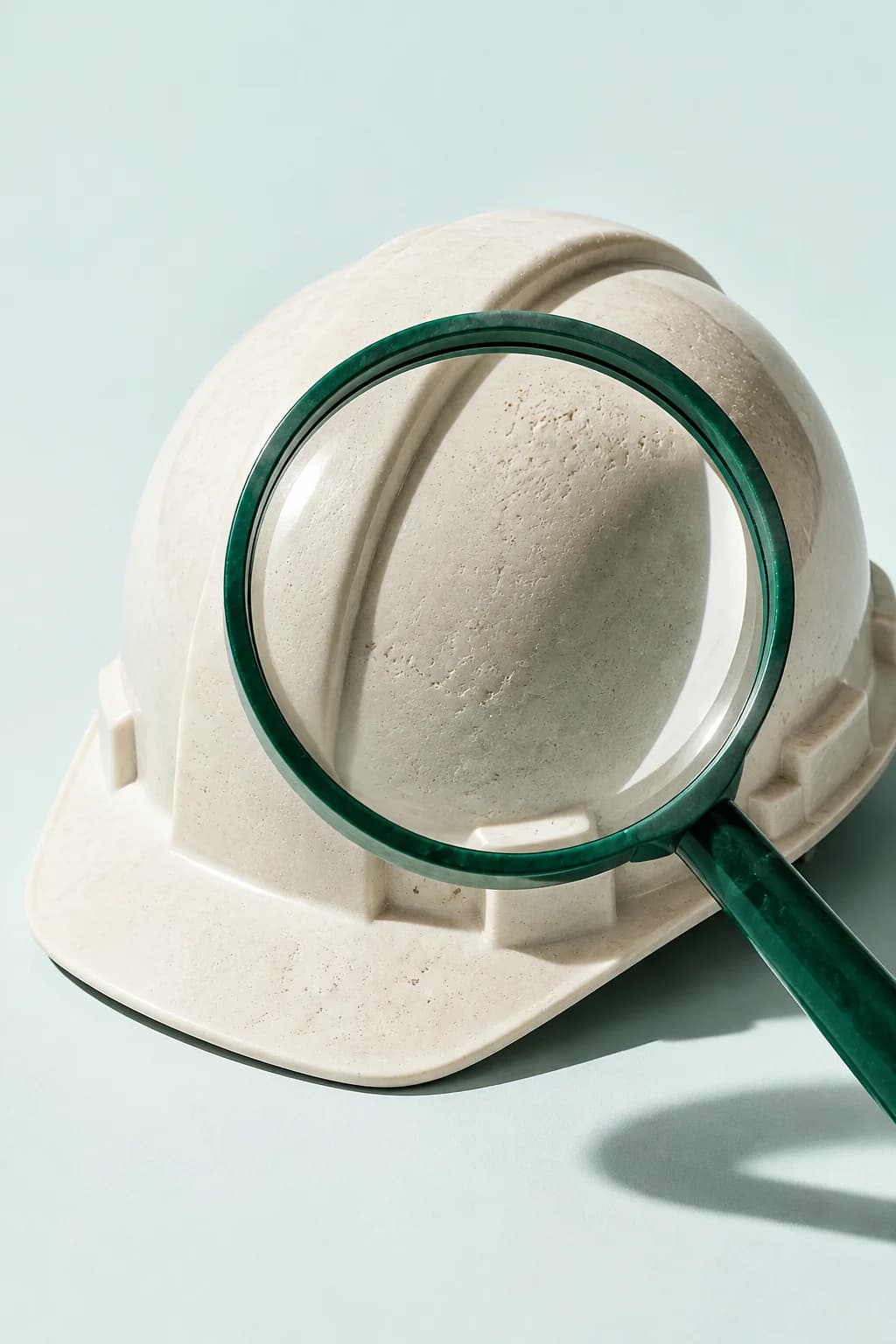 Lente verde a inspecionar um capacete de proteção.
