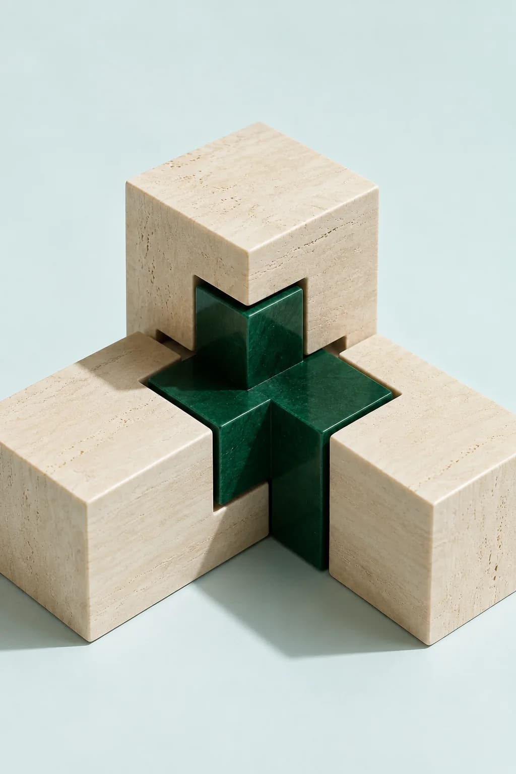 Blocos arquitetónicos em marfim ligados por um elemento verde.